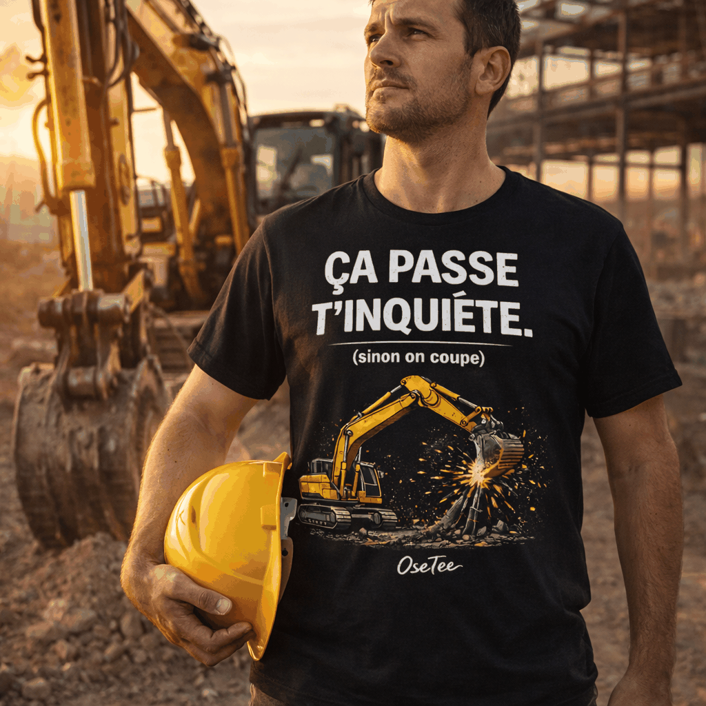 T-shirt humour chantier unisexe avec design pelle mécanique et slogan Ça passe t’inquiète (sinon on coupe)