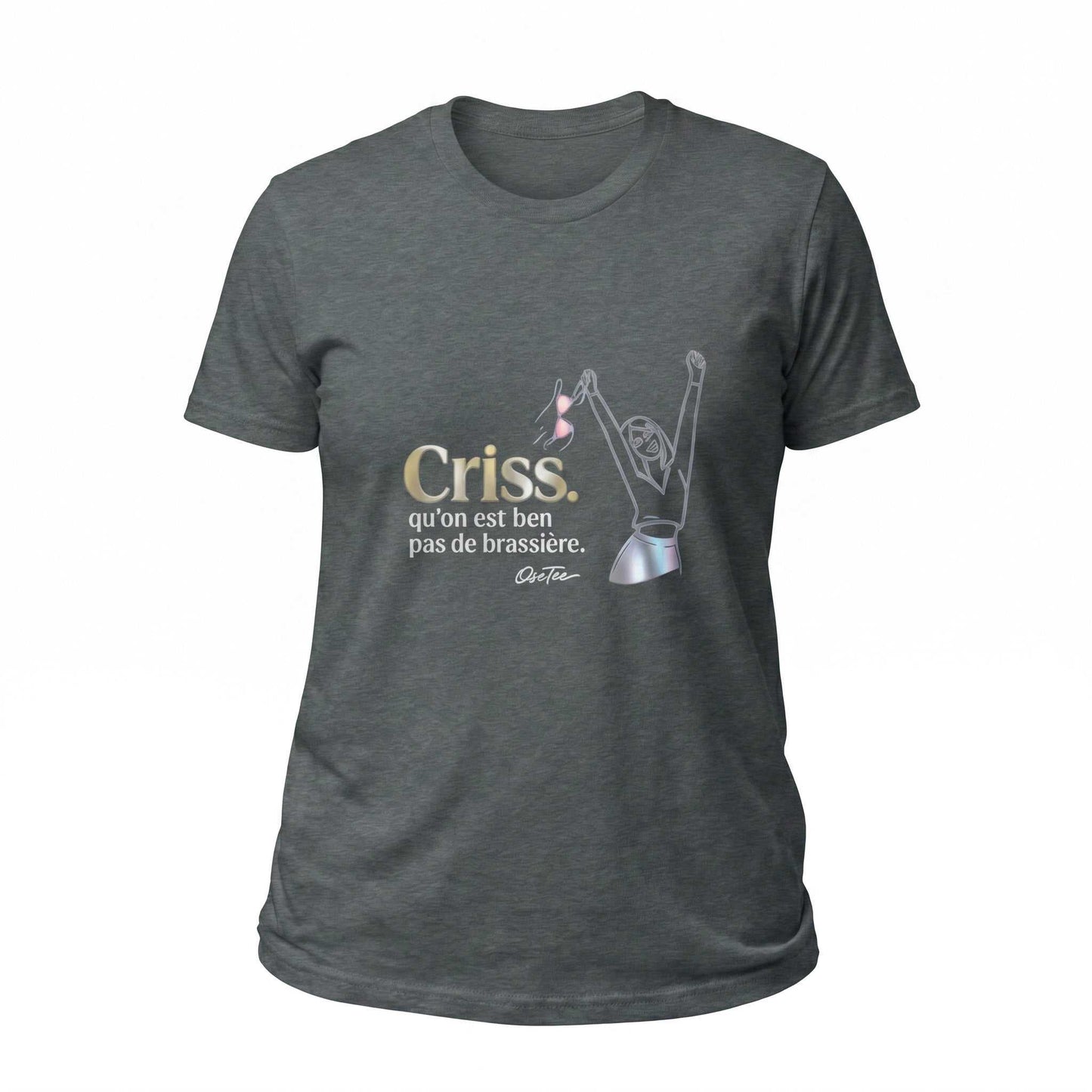 T-shirt Criss qu'on est ben pas de brassière — Gris Foncé Chiné, vue avant ghost image