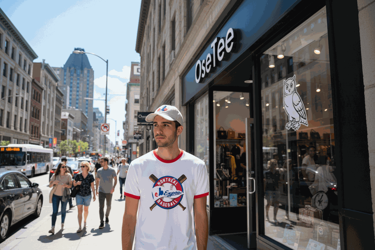 OseTee hoodie and T-shirt in white and grey with vintage Montréal Expos baseball design unisex style