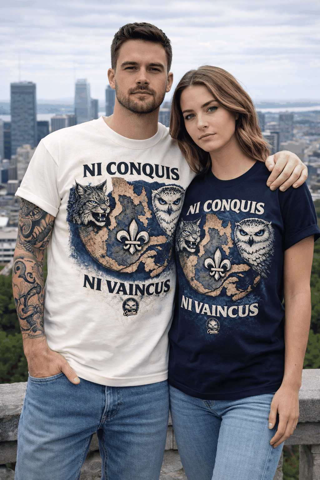 T-shirt Ni conquis ni vaincus unisexe avec harfang des neiges, lynx argenté et fleur de lys symbole du Québec