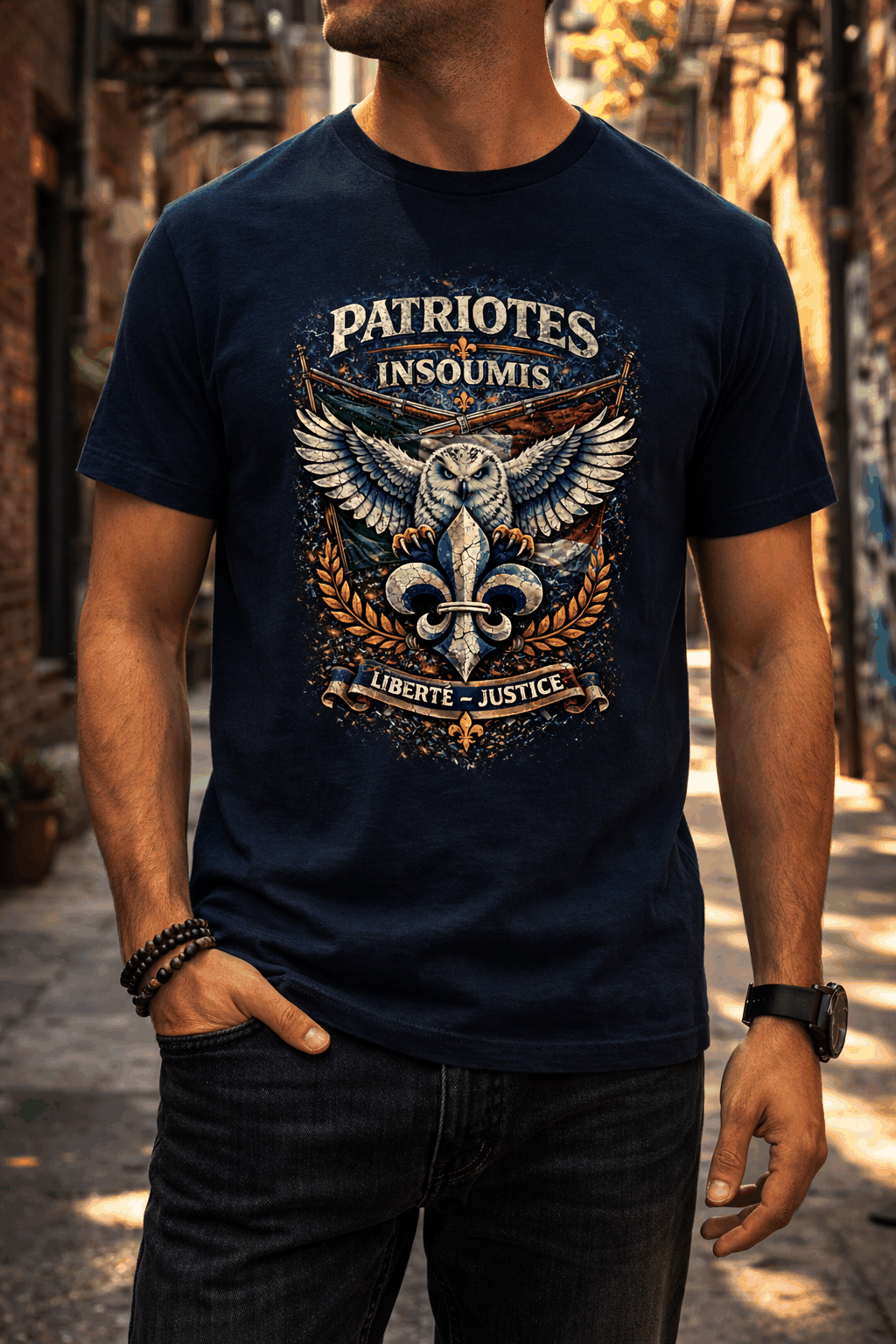 T-shirt Patriotes Insoumis avec harfang et symbole de liberté québécoise en coton unisexe