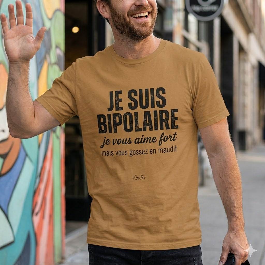 T-shirt jersey fin unisexe Je suis bipolaire OseTee streetwear québécois style décontracté