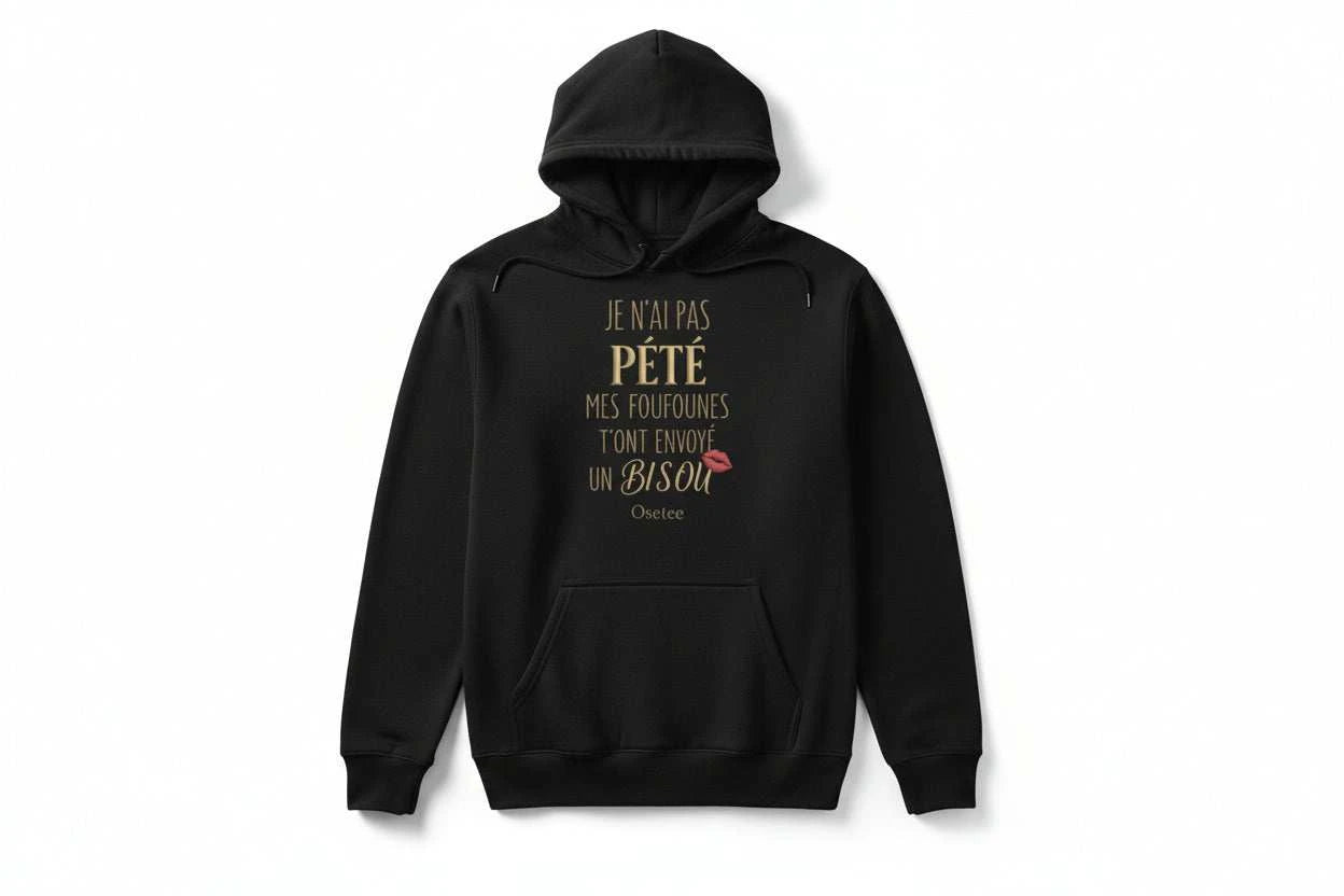 Sweat à capuche unisexe noir avec message humoristique, confortable et doux, idéal pour cocooning et sorties, coupe adaptée à toutes morphologies