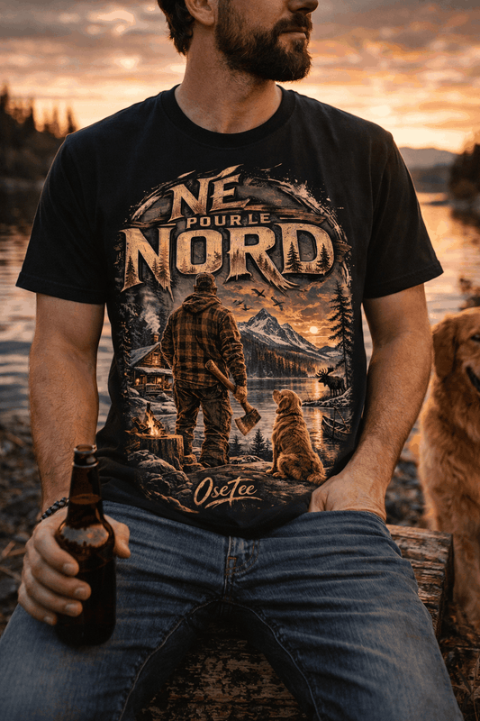 T-shirt Né pour le Nord OseTee avec design nature nordique inspiré du Québec, parfait pour chalet et camping