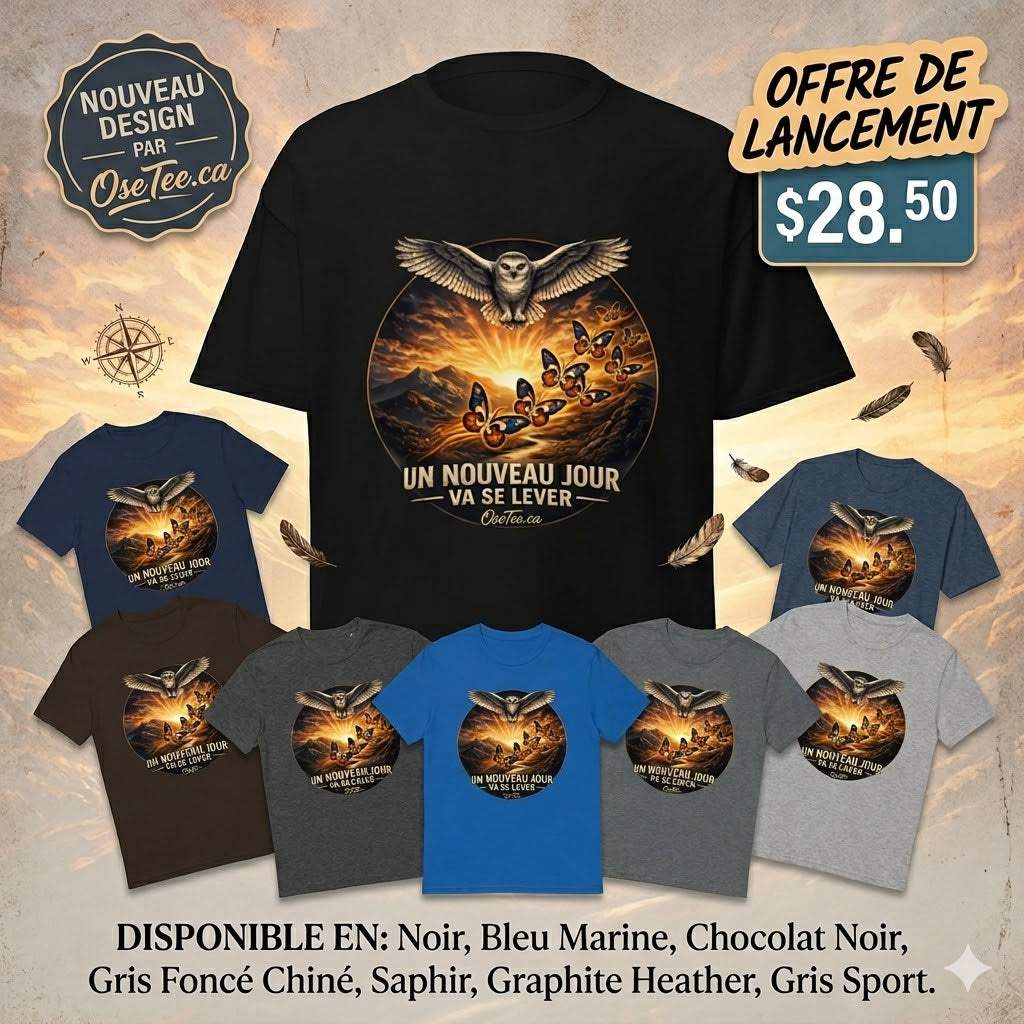 T-shirt Un Nouveau Jour avec design chouette, papillons et soleil symbolisant renouveau et espoir