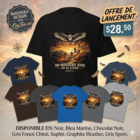 T-shirt Un Nouveau Jour avec design chouette, papillons et soleil symbolisant renouveau et espoir