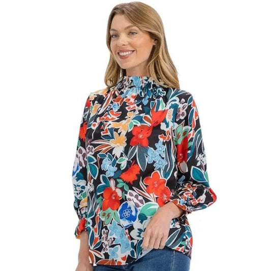Blouse fleurie col montant