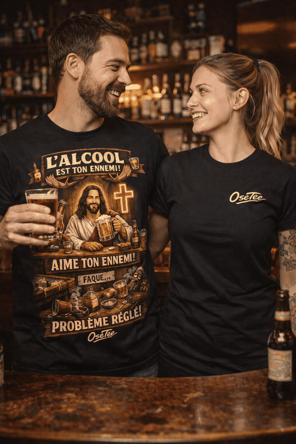 T-shirt humour québécois L’alcool est ton ennemi avec punchline et design vintage bar streetwear OseTee