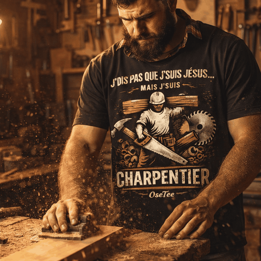 T-shirt charpentier humoristique unisexe noir avec design vintage charpentier et outils en style streetwear OseTee