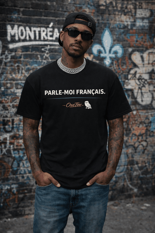 Parle Moi Francais t-shirt from Identité Québécoise OseTee streetwear collection showcasing Quebec pride and culture