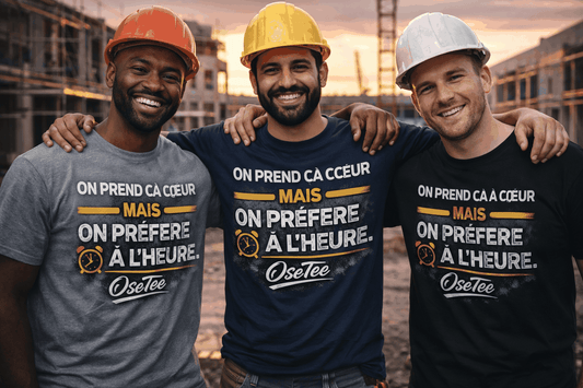T-shirt chantier humour unisexe avec slogan On préfère à l’heure pour travailleurs de la construction et métiers manuels signé OseTee