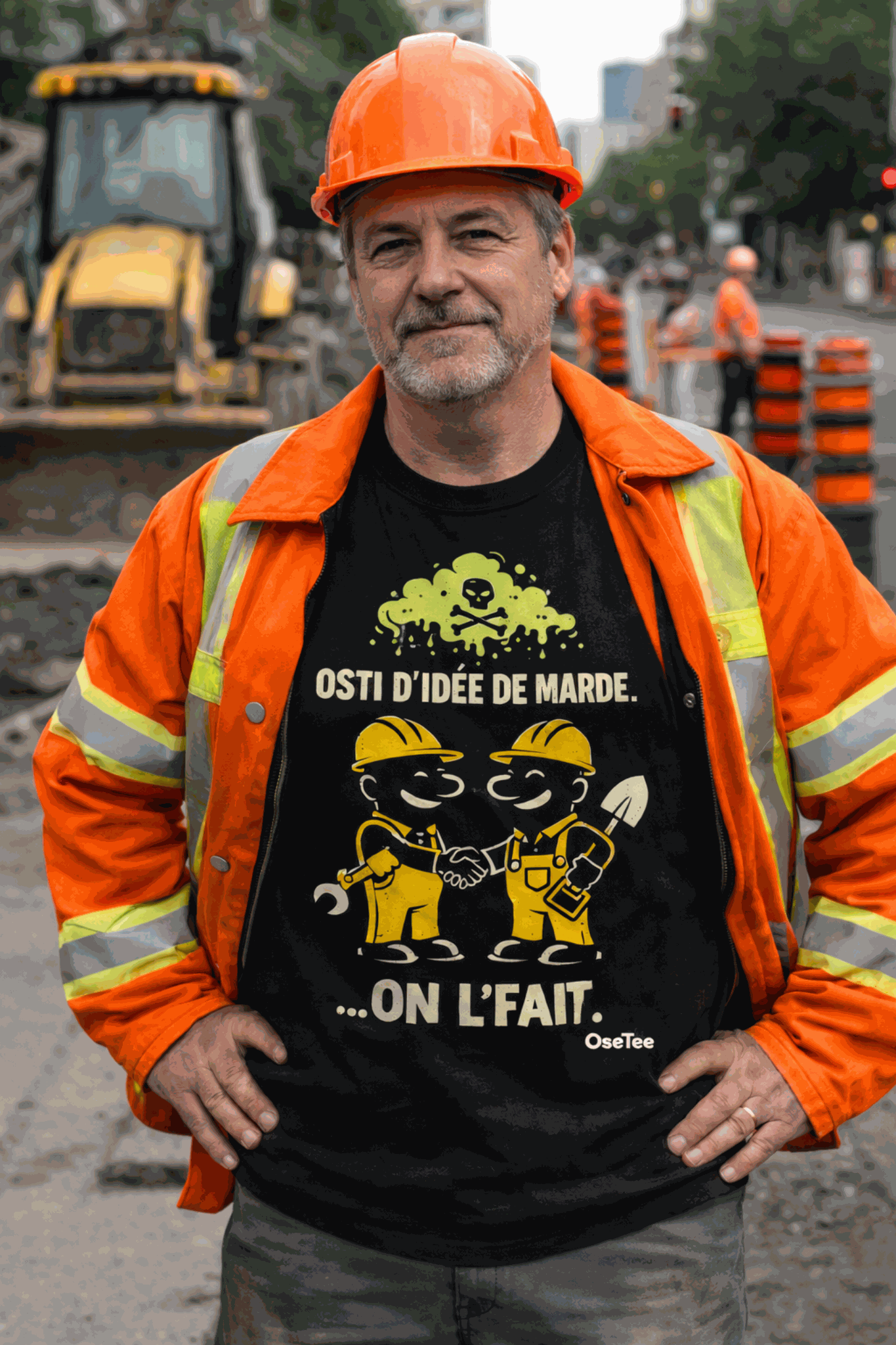 Osti D’idée De Marde Quebecois humor construction unisex t-shirt design with workers handshake
