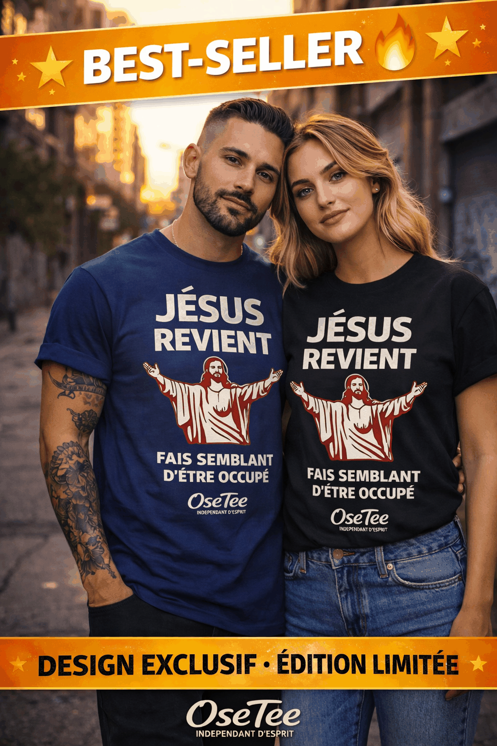 T-shirt Jésus revient unisexe streetwear Québec design humoristique et typographie grunge