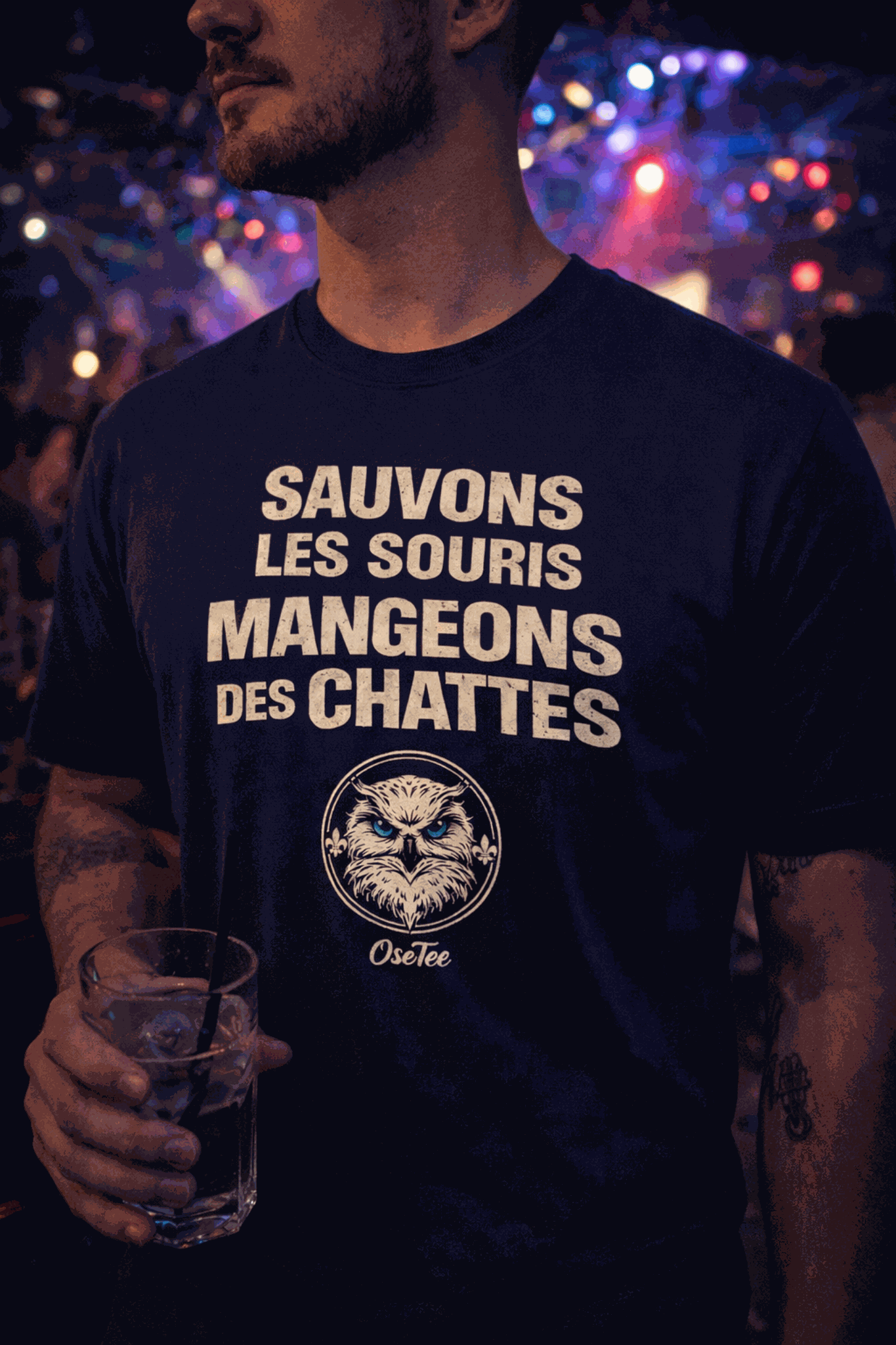 Sauvons Les Souris humorous t-shirt with bold text and OseTee blue-eyed harfang design