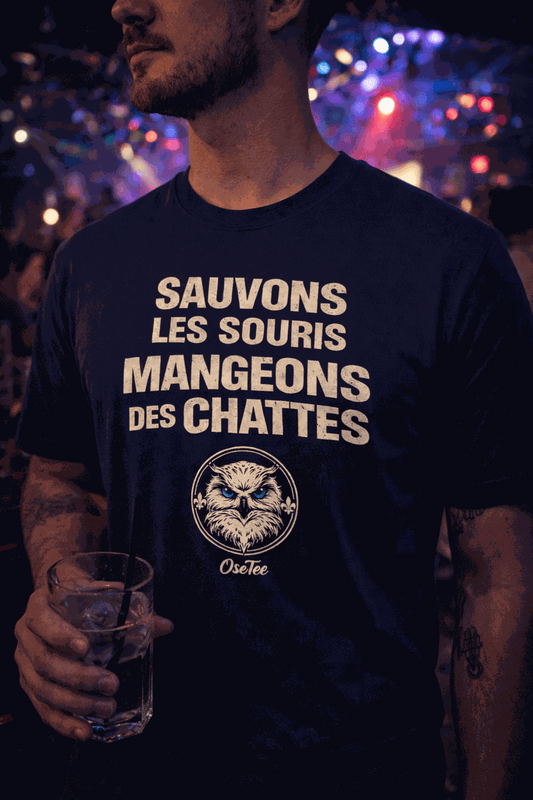 Sauvons Les Souris humorous t-shirt with bold text and OseTee blue-eyed harfang design