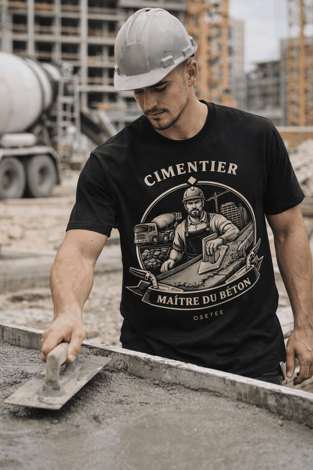 Cimentier T Shirt from Métiers OseTee collection with bold design, Quebec pride, available in men's, women's, and hoodie styles.