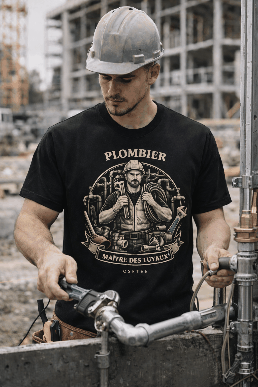 T-shirt Plombier collection Métiers OseTee avec design fort et style streetwear québécois