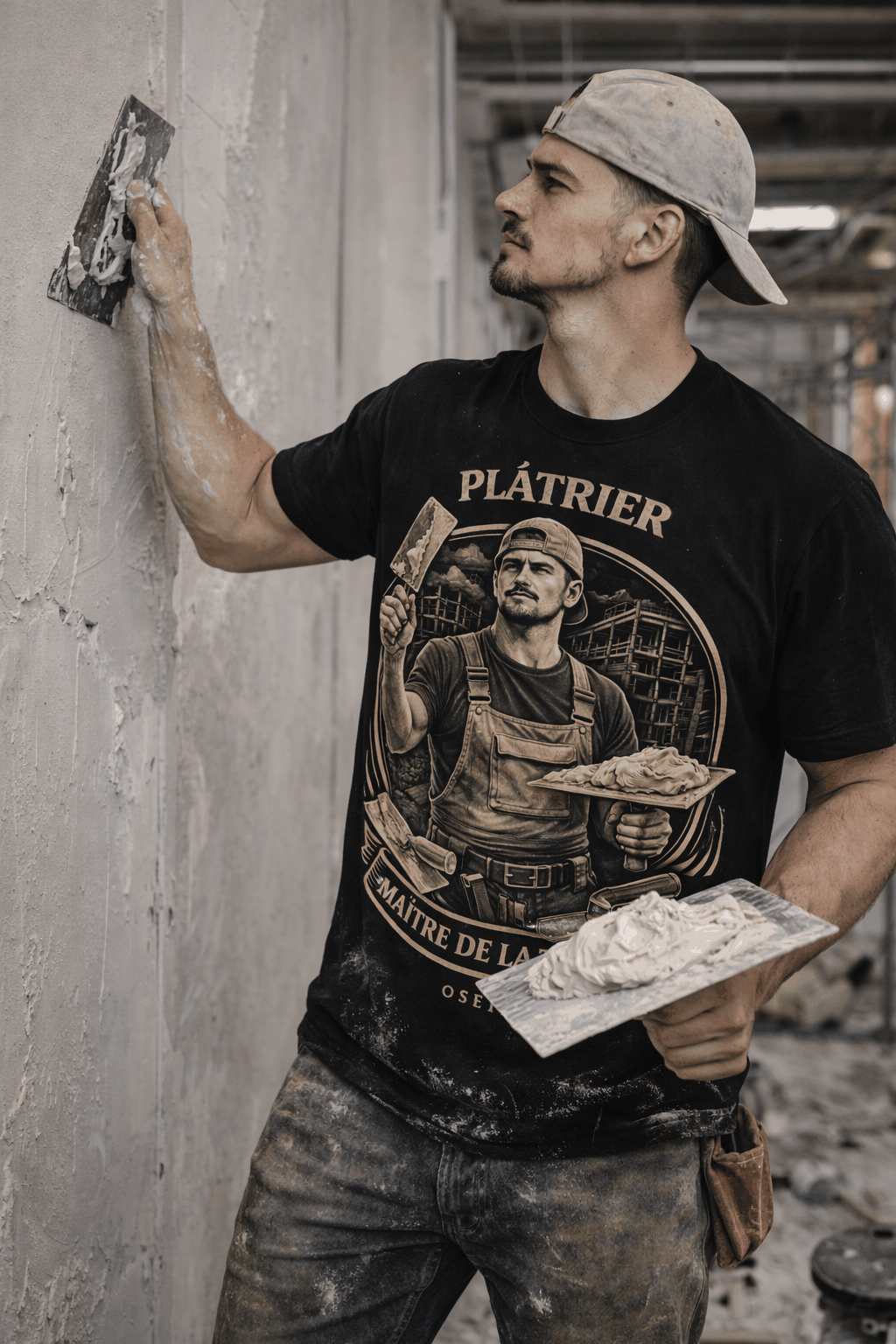 Plâtrier T Shirt from Métiers OseTee collection celebrating Quebec pride and craftsmanship.