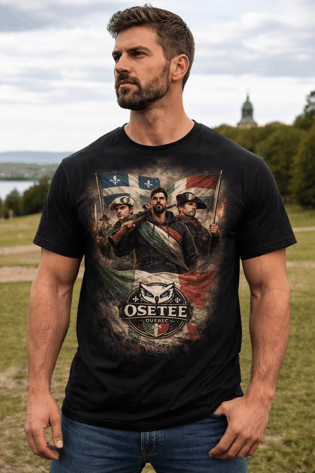 T-shirt Patriotes Québec avec harfang des neiges et fleur de lys, design exclusif OseTee, style urbain moderne.