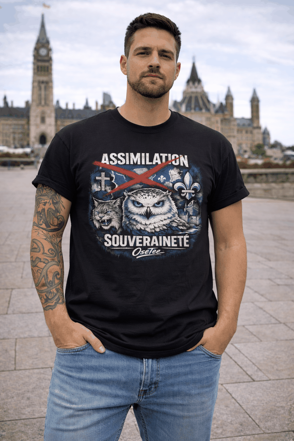 T-shirt classique unisexe avec design identité québécoise Souveraineté, harfang des neiges, lynx argenté et symboles du Québec