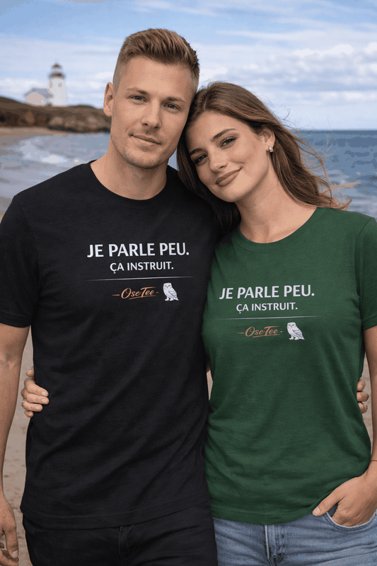 T-shirt unisexe léger et confortable avec message "Je parle peu ça instruit" de la collection Humeur OseTee streetwear
