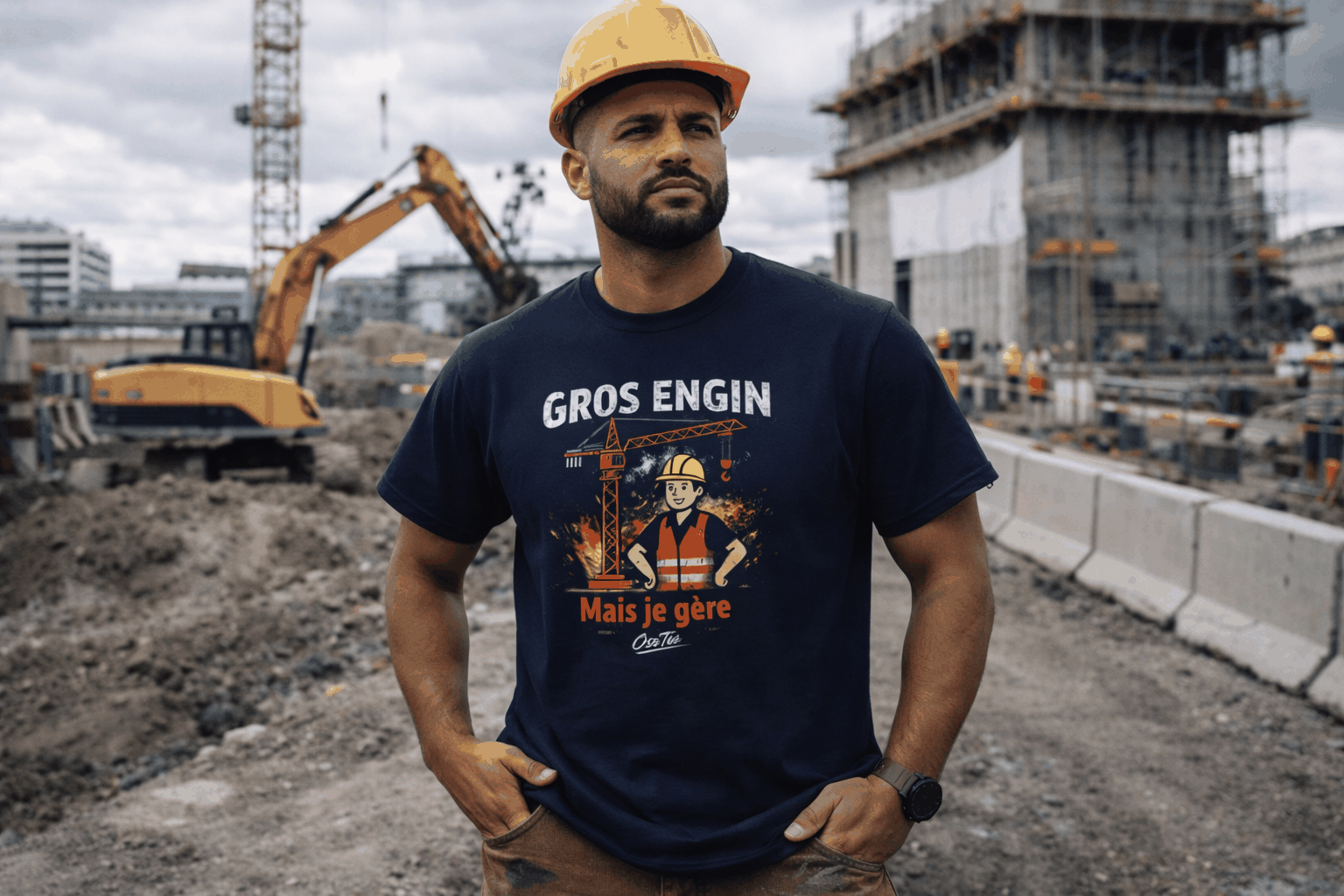T-shirt Gros Engin humoristique avec opérateur de chantier et grue, design streetwear OseTee