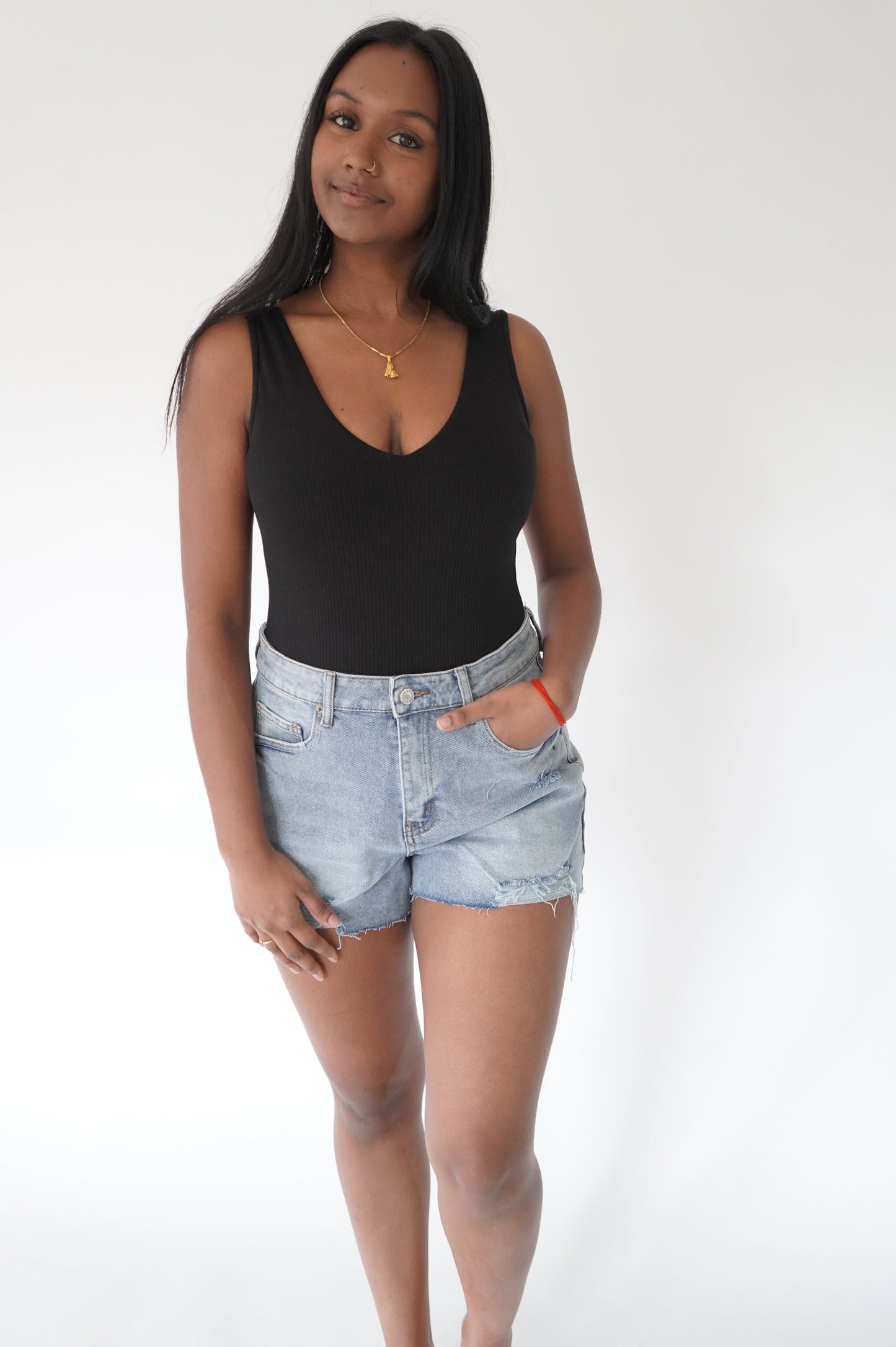 Bodysuit en rib col en V noir
