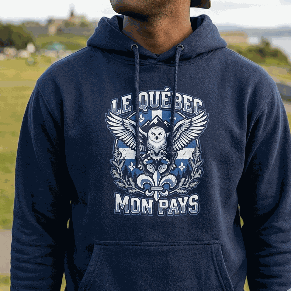 Homme portant un hoodie OseTee Identité Québécoise gris urbain au design Le Québec Mon Pays
