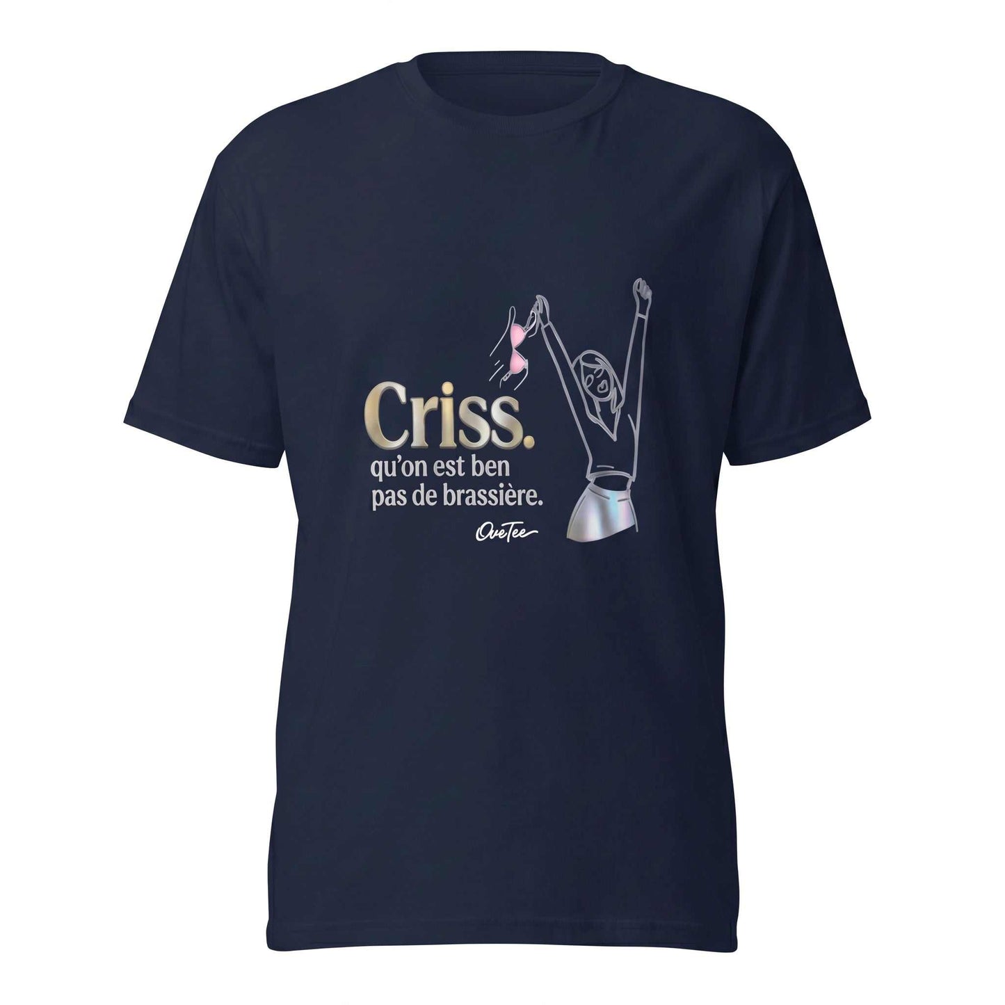 T-shirt Criss qu'on est ben pas de brassière — Bleu Marine, vue avant ghost image
