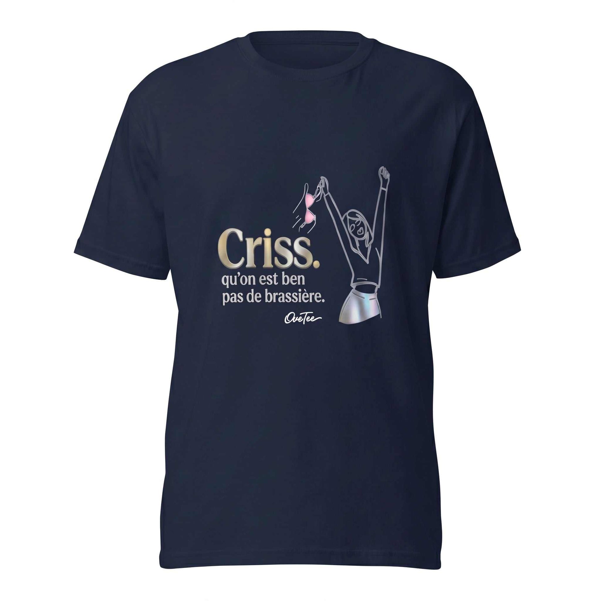 T-shirt Criss qu'on est ben pas de brassière — Bleu Marine, vue avant ghost image