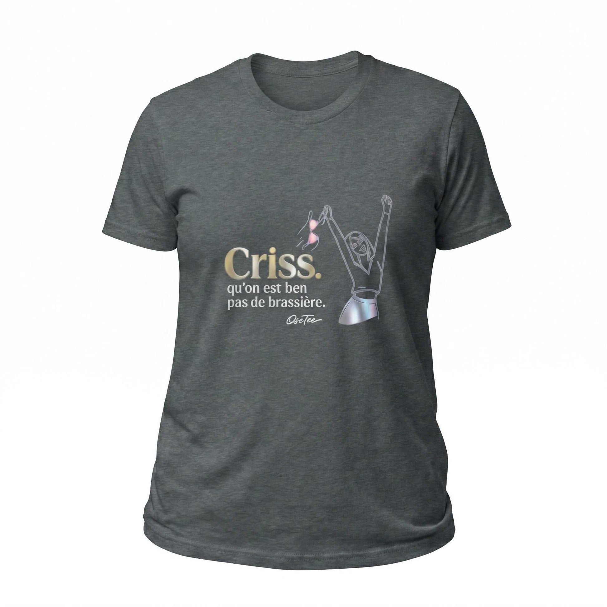 T-shirt Criss qu'on est ben pas de brassière — Gris Foncé Chiné, vue avant ghost image