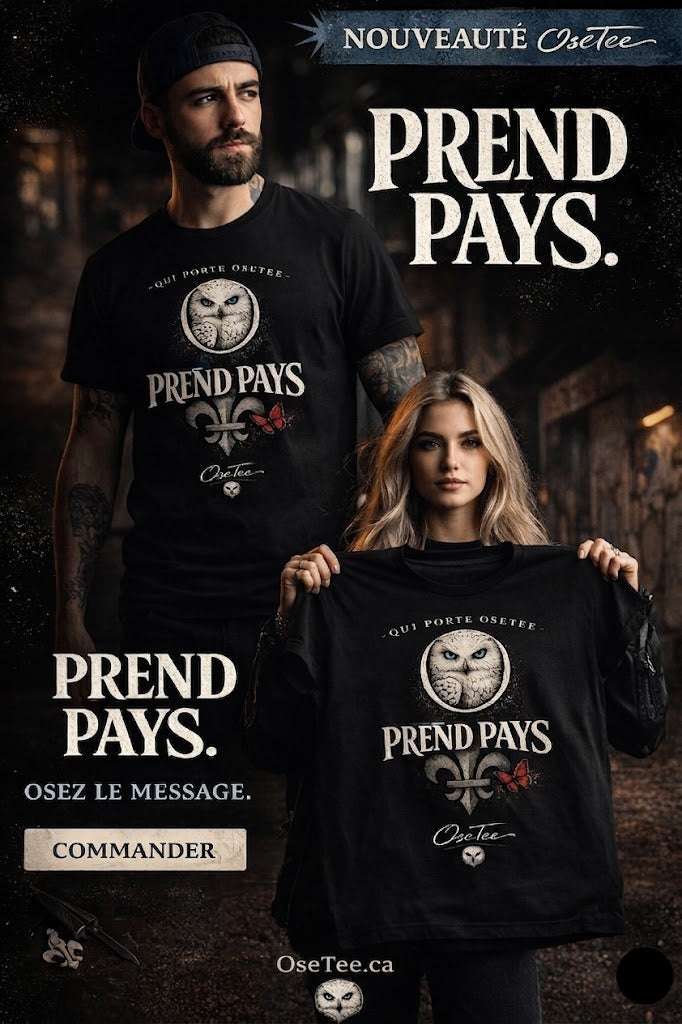 T-shirt unisexe noir OseTee Prend Pays streetwear québécois avec design symbolique et slogan fort