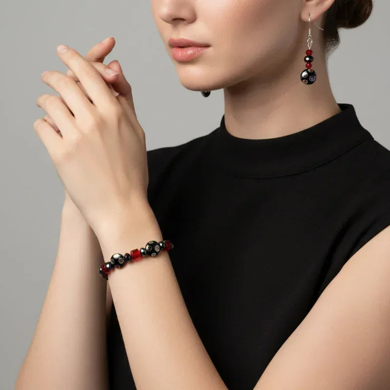 Bracelet et boucle d'oreille noir et rouge