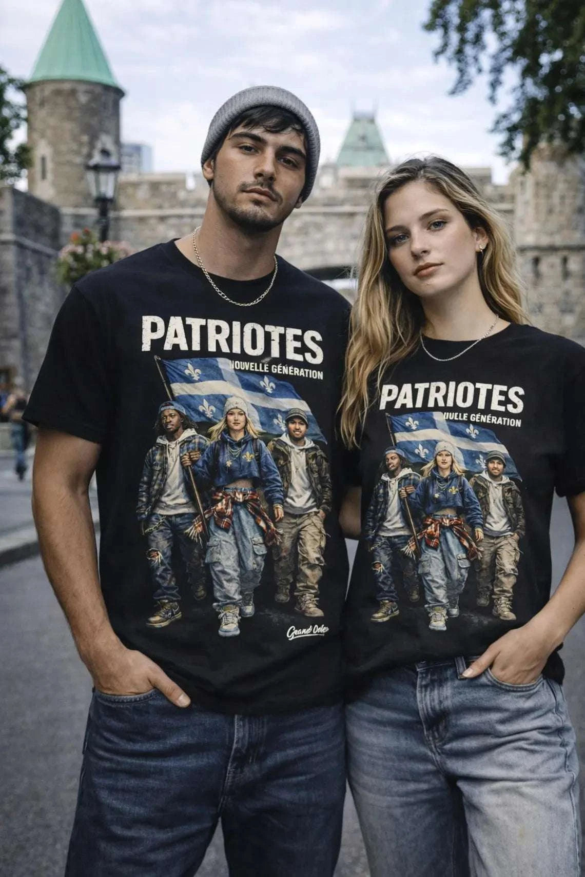 Patriotes Nouvelle Génération T-shirt with harfang des neiges and fleur de lys symbols from OseTee Patriotes collection
