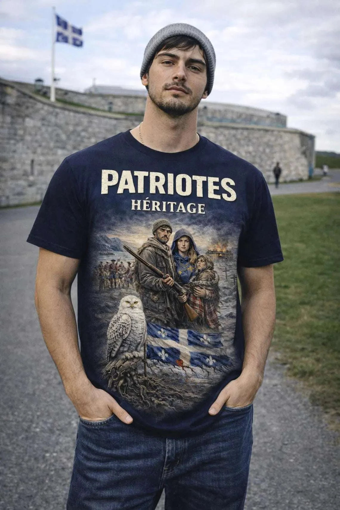 Patriotes Héritage T Shirt with harfang des neiges and fleur de lys symbols from OseTee Patriotes collection
