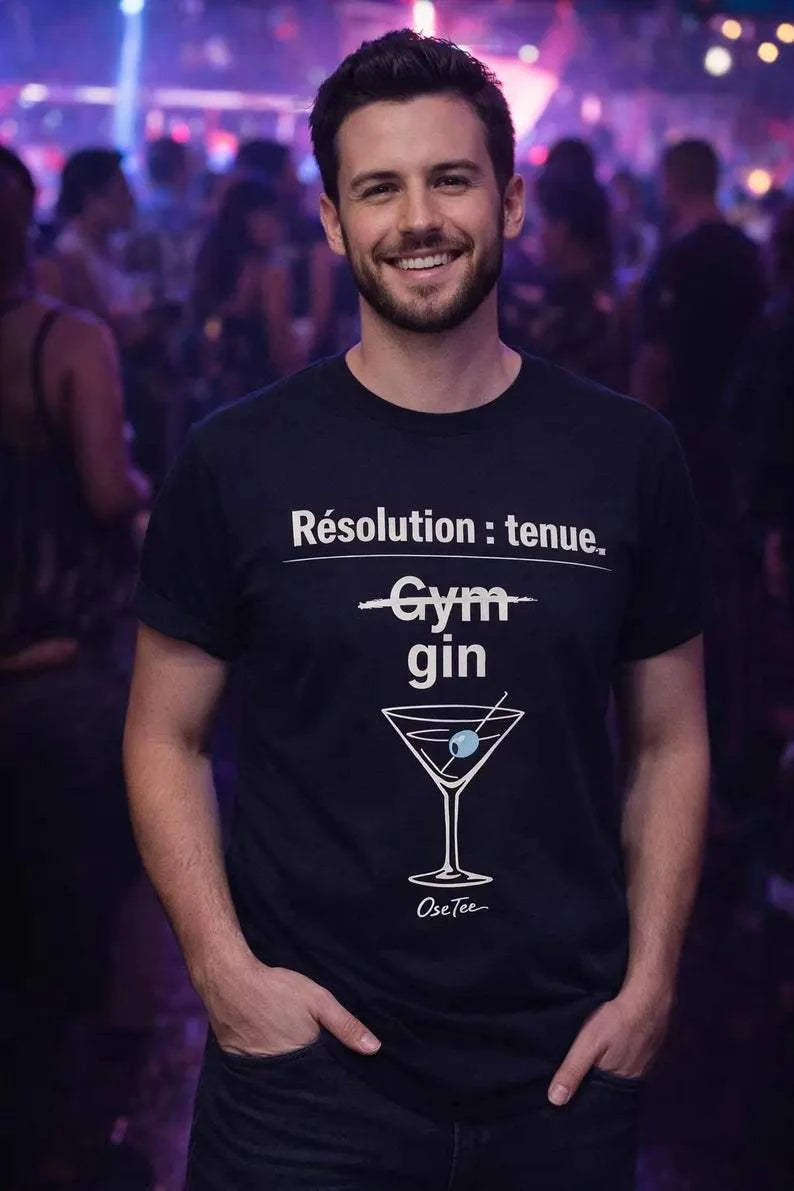 T-shirt humoristique « Résolution tenue : gym… gin » avec illustration martini, collection Humeur OseTee