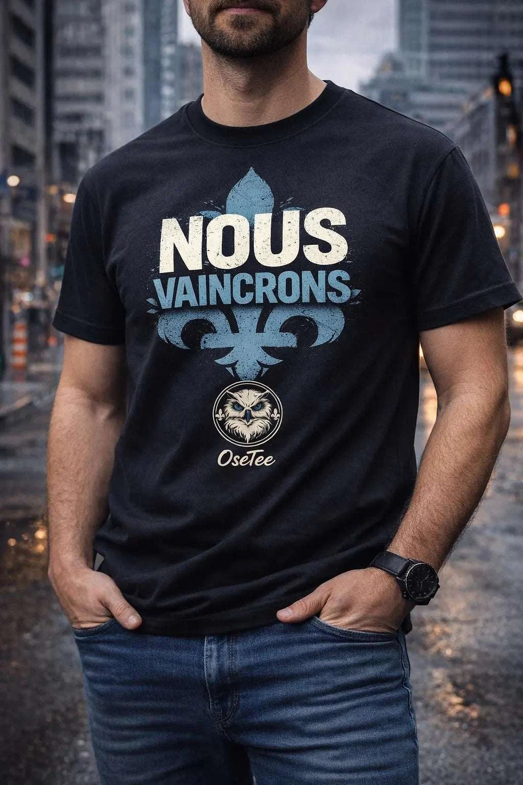 Vaincrons T Shirt from Identité Québécoise OseTee collection with bold streetwear design and Quebec cultural symbols