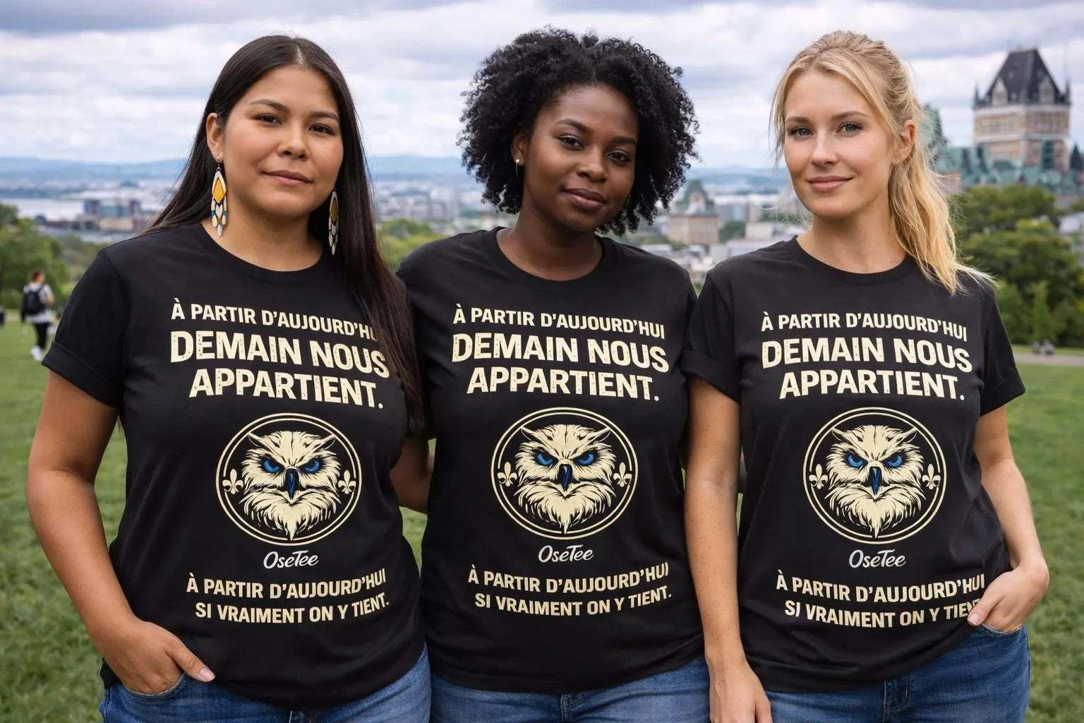 T-shirt Demain Nous Appartient collection Identité Québécoise OseTee, style streetwear urbain et symboles culturels du Québec