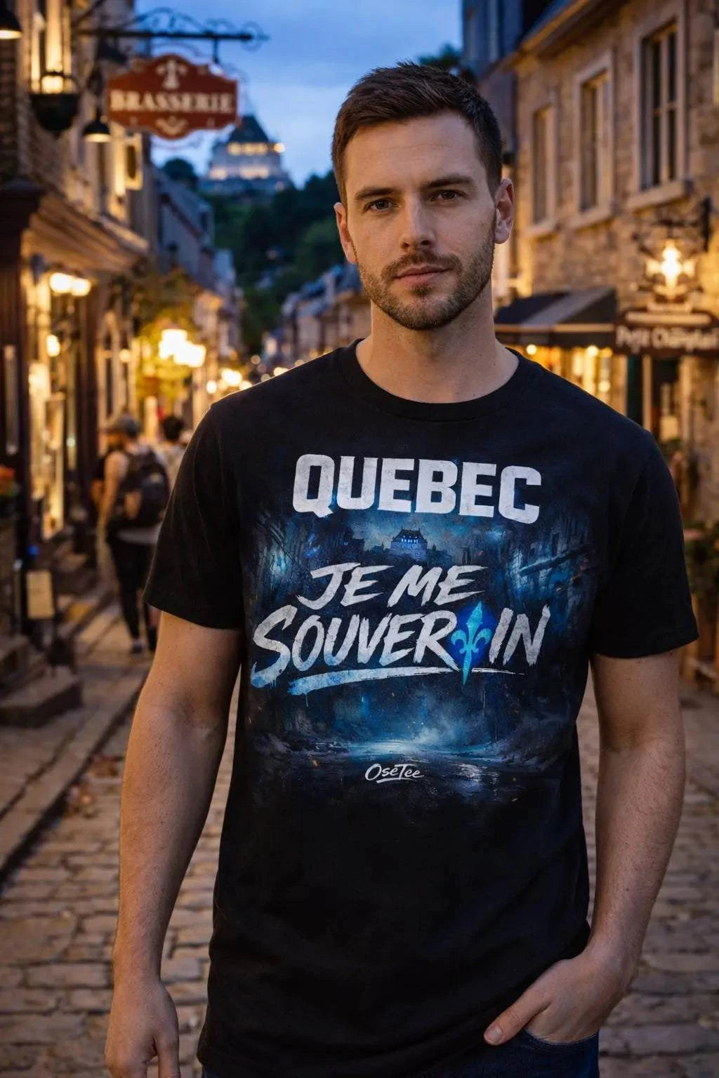 T-shirt Identité Québécoise OseTee avec design streetwear urbain et symboles culturels du Québec
