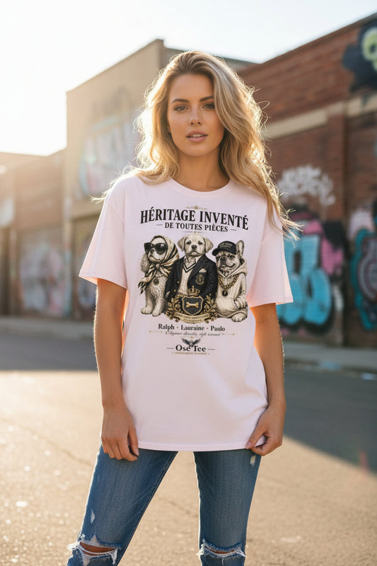 Unisexe T-shirt HÉRITAGE INVENTÉ de la collection Humeur OseTee avec design moderne et style gravure, confort coton doux