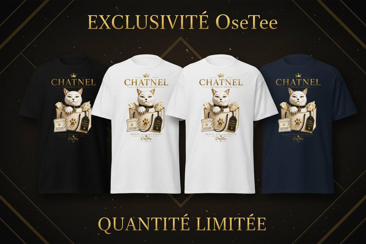 CHATNEL t-shirt unisexe streetwear avec design félin et message griffé mais pas dompté, collection Humeur OseTee Québécois