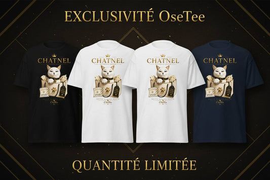 CHATNEL t-shirt unisexe streetwear avec design félin et message griffé mais pas dompté, collection Humeur OseTee Québécois