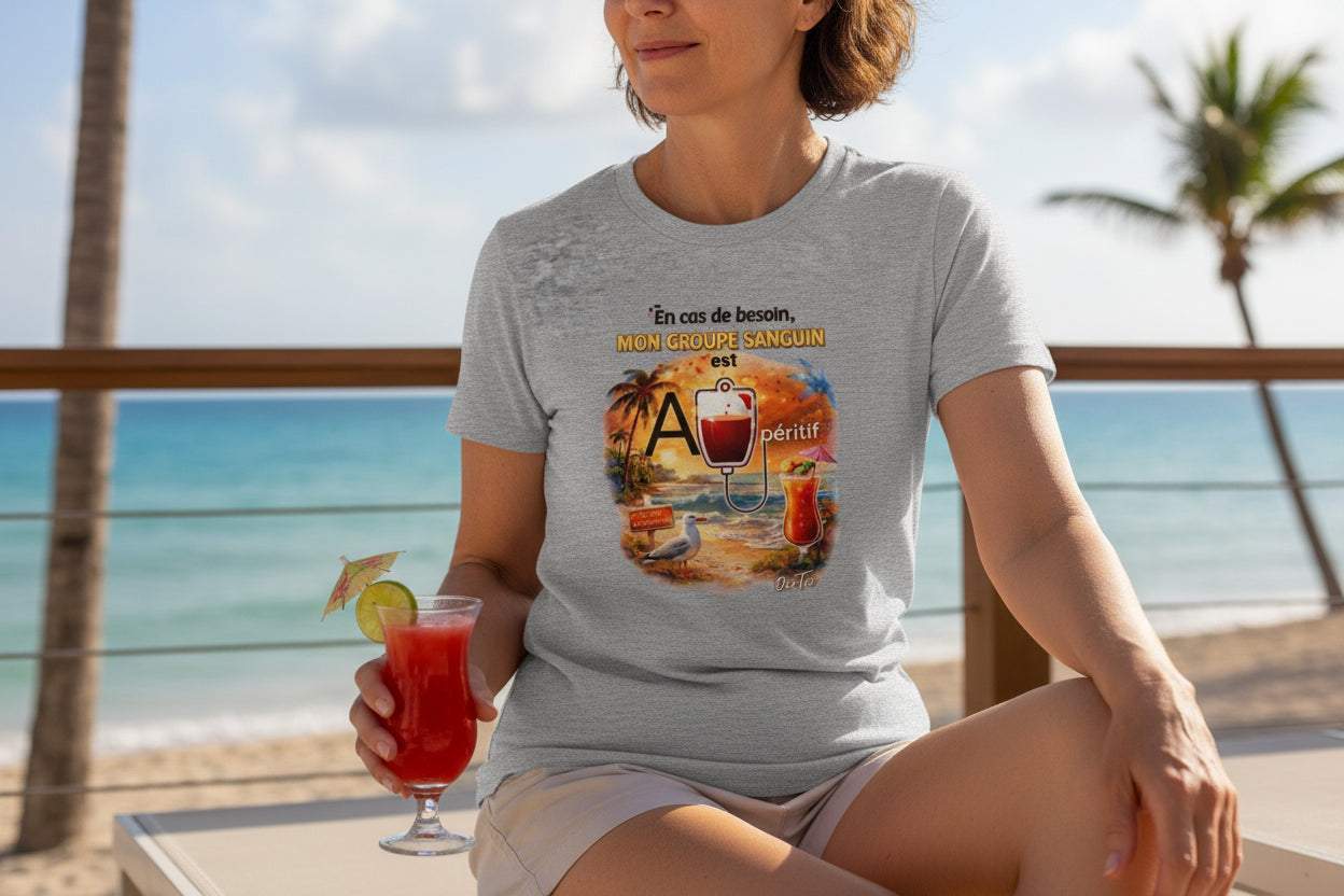 T-shirt unisexe léger avec message humoristique groupe sanguin A’péritif et design estival plage