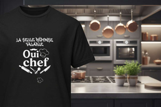 T-shirt unisexe Oui Chef noir et blanc with kitchen utensils and slogan La seule réponse valable