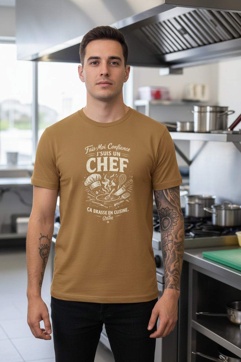 T-shirt unisexe noir vintage fais-moi confiance chef cuisine flammes poêle fumante