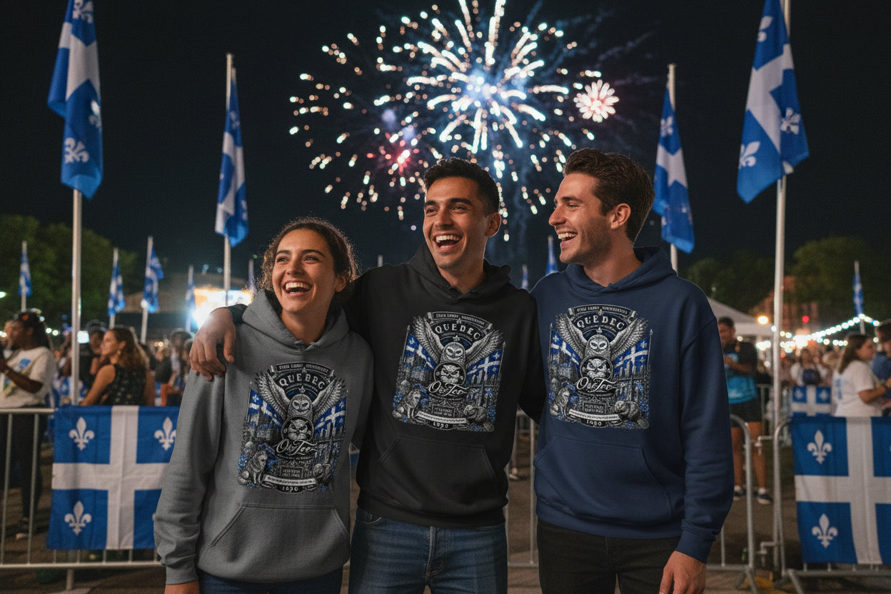 Hoodie MAÎTRES CHEZ NOUS 1960 OseTee streetwear québécois noir avec harfang et symboles du Québec