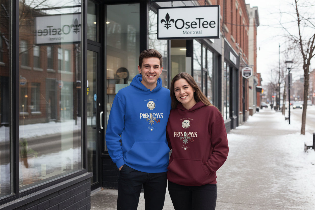 Hoodie unisexe Prend Pays noir avec design québécois stylé et confortable