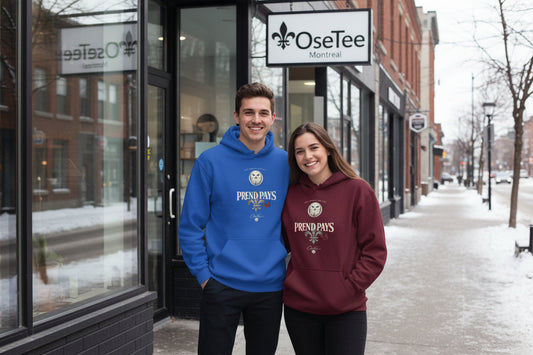 Hoodie unisexe Prend Pays noir avec design québécois stylé et confortable