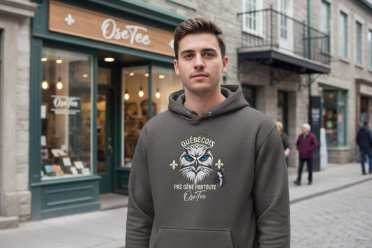 Sweat à capuche unisexe premium avec design hibou et fleurs de lys, style québécois unique