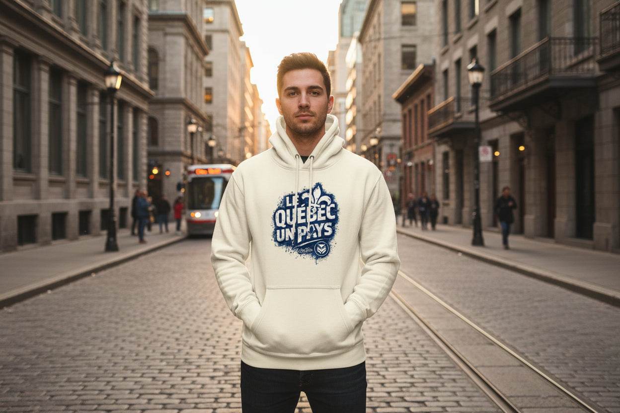 Hoodie Identité Québécoise OseTee gris urbain confortable et exclusif avec design Le Québec Mon Pays